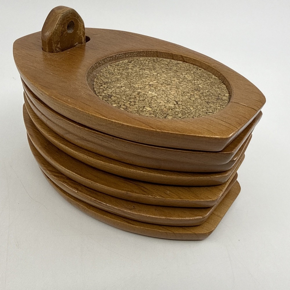 Vintage MCM 6 Coasters Set Wood Cork Mid Century Modern Stacking 5" Milbern